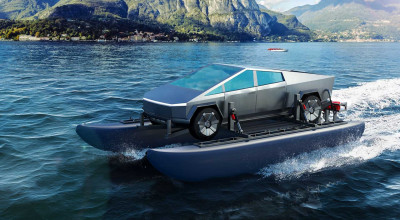 <span style='background: #ff0000'>Tesla</span> <span style='background: #ff0000'>Cybertruck</span> Concept Transforms A Pickup Truck Into A Powerful Catamaran - Photo